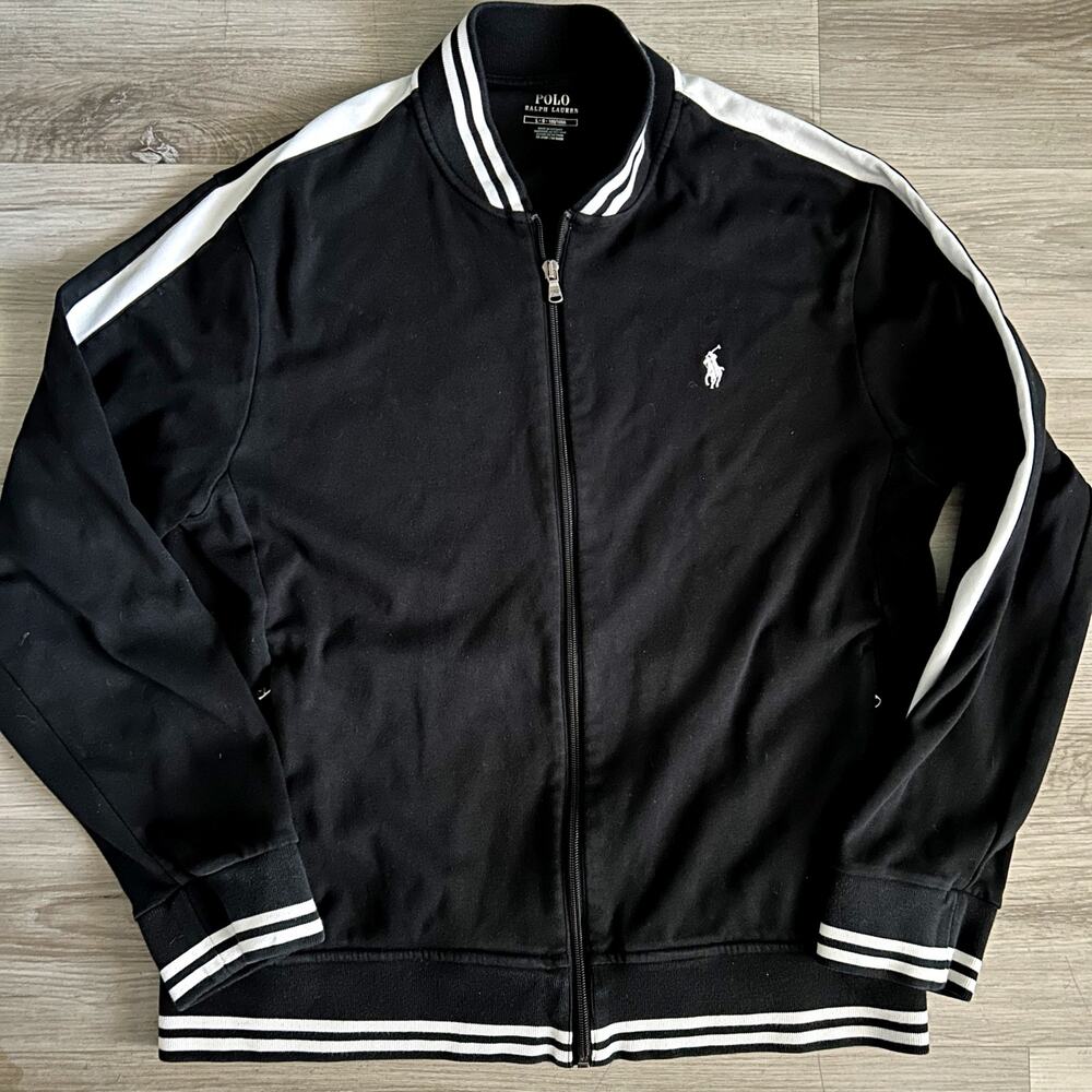 Polo Ralph Lauren Black Track Jacket Mens Large Knit Full Zip Cotton Mock Neck L